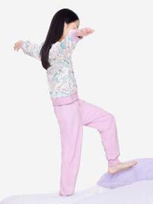Annil Conjunto deportivo rosa con dibujos animados de manga larga para niñas, cuello redondo, suéter casual y pantalones para primavera y otoño - Morado - Ver 3