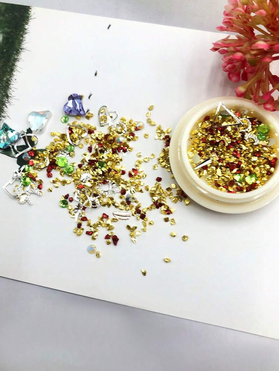 1box Gold-colored Rhinestone Heart & Wire Mixed Nail Decorations - Multicolor - View 1