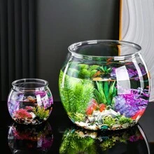1pc Round Plastic Transparent Fish Tank - Goldfish Tank Desktop Living Room Mini Aquarium Office View Tank Turtle Tank - Clear - View 1