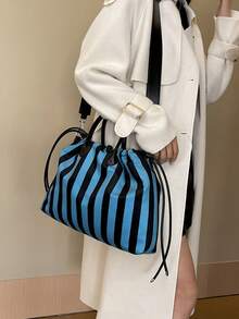 low tea 1pc Color Block Fabric Portable Drawstring Closure Fashion Tote Bag Ideal For Women's Daily Use - Blue - View 5