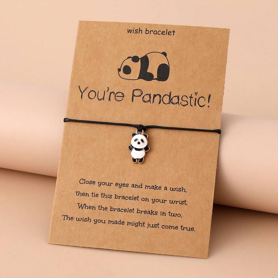 1條時尚可愛的熊貓造型油滴和編織鋅合金女士手鍊 - 黑色 - 查看 1