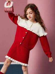 Cô gái Tween Dày lên Khối màu Áo len Mở Và Váy dệt kim 2 cái/bộ , Giữ Ấm - Đỏ - Xem 5