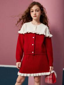 Cô gái Tween Dày lên Khối màu Áo len Mở Và Váy dệt kim 2 cái/bộ , Giữ Ấm - Đỏ - Xem 1