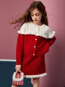 Cô gái Tween Dày lên Khối màu Áo len Mở Và Váy dệt kim 2 cái/bộ , Giữ Ấm - Đỏ - Xem 3