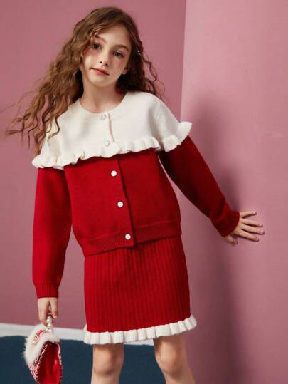 2 件套 女童拼色加厚保暖开衫和裙子