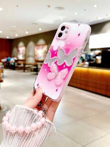1pc Transparent Phone Case Featuring Rhinestone & 3d Butterfly & Glitter Decoration With Hanging Bead, Compatible With Apple And Samsung Phones - Multicolor - View 2