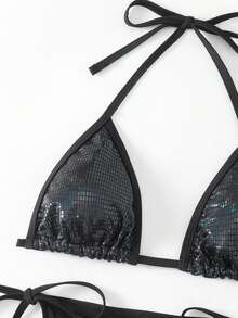 Fashionable Sexy Triangle Halter Bikini Set For Women, Summer Beach - Black - View 4