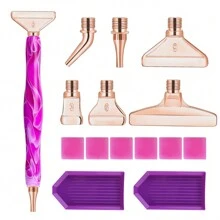 螺紋鑽石繪畫工具套裝:1支粉紅色筆、6支銀色螺紋鑽頭、6塊紅色膠蠟、2個盤子、1個盒子 - 炫彩色 - 查看 2