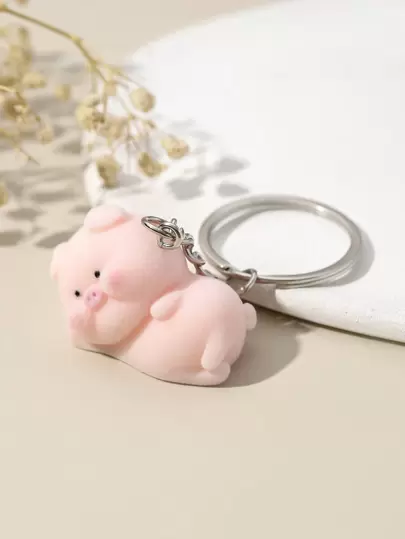 1 pieza Lindo y elegante llavero/colgante de cerdo recostado de resina y felpa para conmemoración y decoración, accesorio para coche, bolso, cordón con portaidentificación, accesorio para bolso