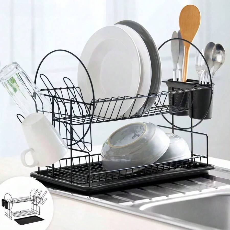 Secador Escurridor De Trastes, Estante Para Almacenamiento De Cocina, Escurridor De Platos - Blanco y Negro - Ver 1