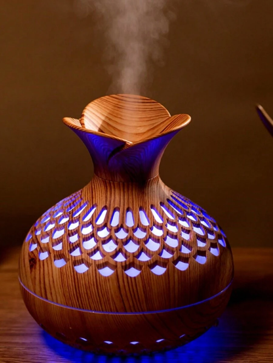 Flower Shaped Humidifier, Light Wood Grain Finish, Mini Size, Usb Powered, Quiet, 7 Colors, Air Purifying, For Home Office Desk