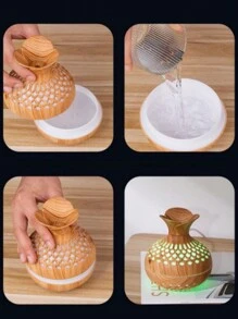 Flower Shaped Humidifier, Light Wood Grain Finish, Mini Size, Usb Powered, Quiet, 7 Colors, Air Purifying, For Home Office Desk