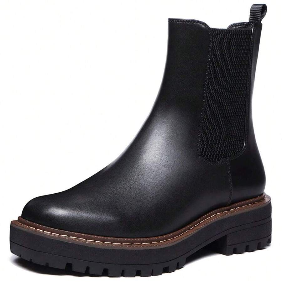 Women's Chelsea Ankle Boots Platform Slip On Chunky Heel Lug Sole Leather Booties - 黑色 - 查看 1