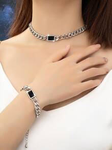 1入組女士優雅鑲鑽手鏈和1入組黑色空心方形吊墜派對時尚金屬貼頸套裝 - 銀色 - 查看 5