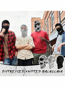 1 件裝男士黑色保暖防風時尚破洞拉瓦滑雪面罩毛絨流蘇無簷小便帽針織帽,冬季戶外活動和日常穿著 - 黑色 - 查看 2