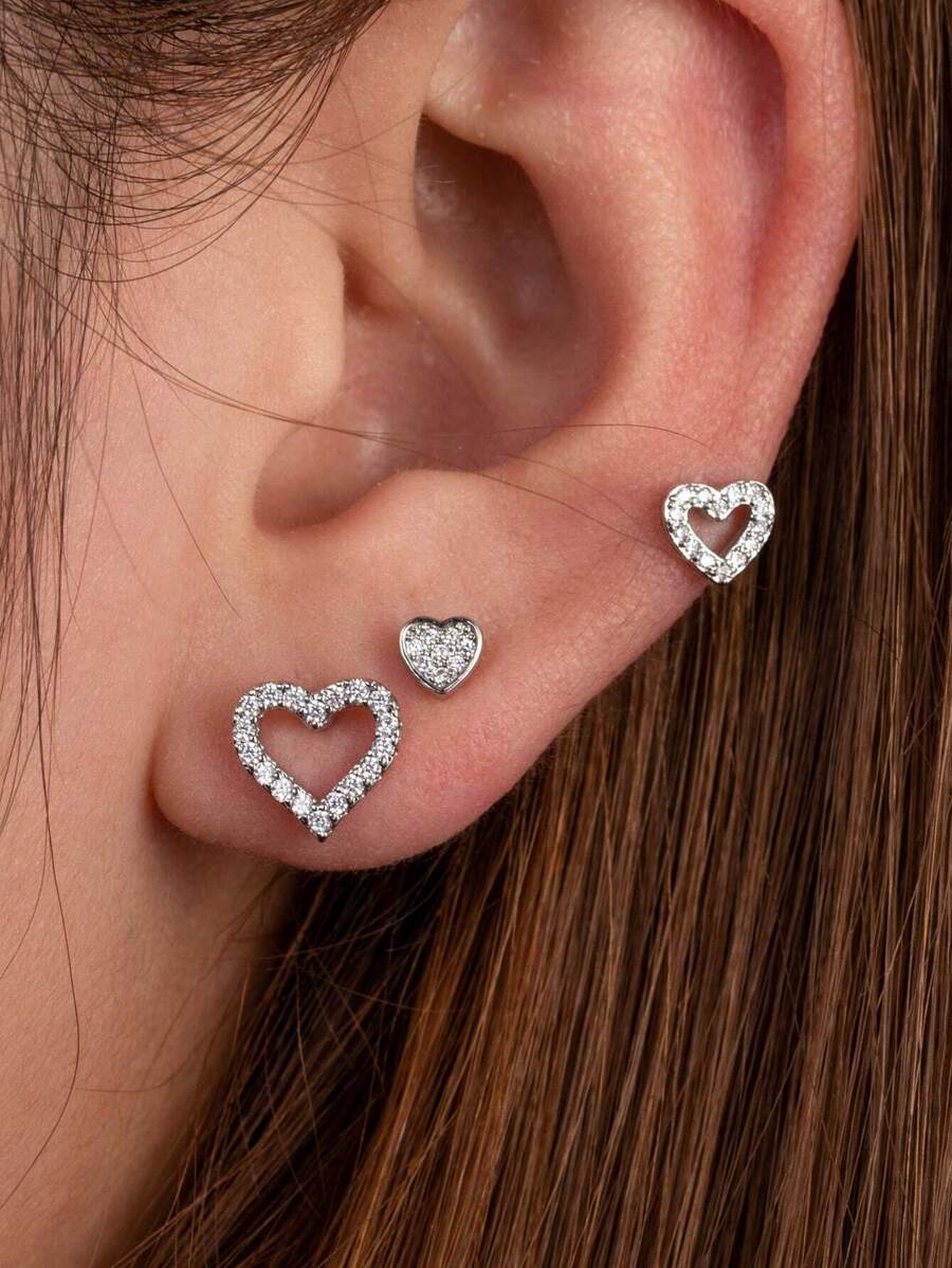 Toppiercing 1 件简约时尚迷你心形设计软骨穿孔耳钉，配不锈钢和微镶嵌水钻，情人节、妈妈、母亲、母亲节、礼物 - 銀色 - 查看 1