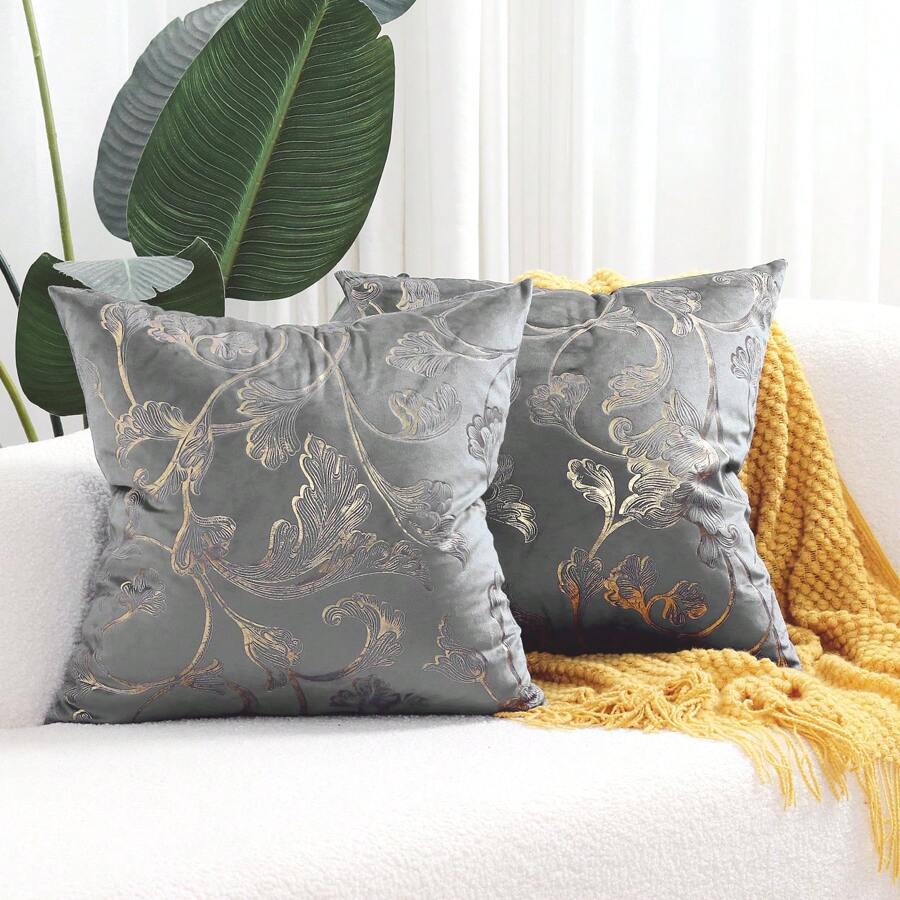 1pc Decorative Throw Pillow Cover With Golden Flowers Cushion Covers Cases Soft Fuzzy Cute Pillowcase For Spring Couch Sofa Bed, 18 X 18 Inch - Light Grey - View 1