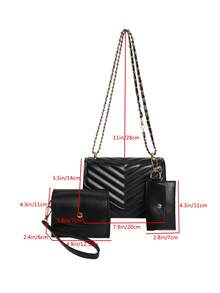 1pc Black V-shaped Pattern Chain Strap 3pcs Set Pu Buckle Flap Concise Fashion Versatile Shoulder Bag Suitable For Women's Daily Commute And Work - Black - View 11