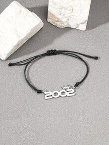 1條時尚風格出生年份皇冠數字掛墜編織蠟繩手鍊男士日常 - 黑色 - 查看 3