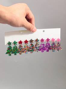 1套5對聖誕樹形狀亞克力閃粉耳環和項鍊吊墜套裝,女性專用 - 彩色的 - 查看 10