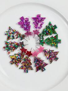 1套5對聖誕樹形狀亞克力閃粉耳環和項鍊吊墜套裝,女性專用 - 彩色的 - 查看 3