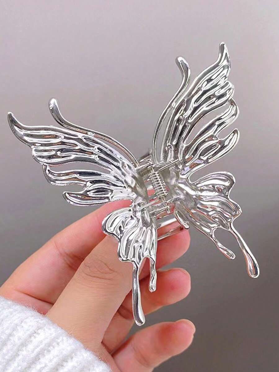 1pc Ladies' Minimalist Style Butterfly Design Metal Hair Grip With Strong Holding Silver Clasp For Back Head - Silver - View 1