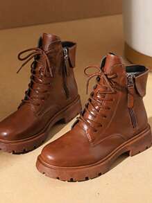 Của phụ nữ Chóp giầy tròn Dày Đáy Đúng mốt Giải trí Nâu Giày bốt ngắn Giày ống Đối với 2023 Mùa Thu /đông , Đúng mốt Thoải mái Gỉản lược Ngoài trời Giải trí Nâu Giày bốt ngắn - màu nâu - Xem 2