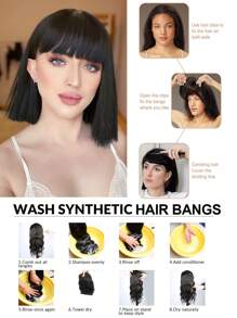 棕色高溫合成髮結短髮假髮夾帶太陽穴的瀏海,自然平整的瀏海,日常佩戴的瀏海假髮 (棕色) - Dark Brown - 查看 6