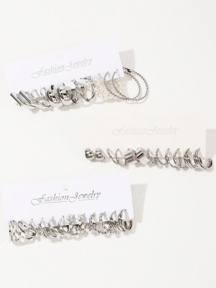 36件套仿珍珠装饰耳环，48件套多元素金属耳环套装，优雅珠宝礼品，女士生日礼物 - 銀色 - 查看 3