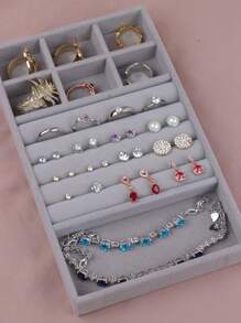 1pc Gray 3-In-1 Jewelry Tray And Box With Gray Velvet Ring, Earring, Bracelet, Necklace And Jewelry Display And Storage Tray - Grey - View 1