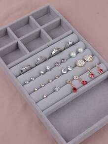 1pc Gray 3-In-1 Jewelry Tray And Box With Gray Velvet Ring, Earring, Bracelet, Necklace And Jewelry Display And Storage Tray - Grey - View 8