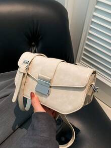 复古 PU 拼接时尚通勤单肩斜挎方形女包，秋冬款 - 米色 - 查看 1