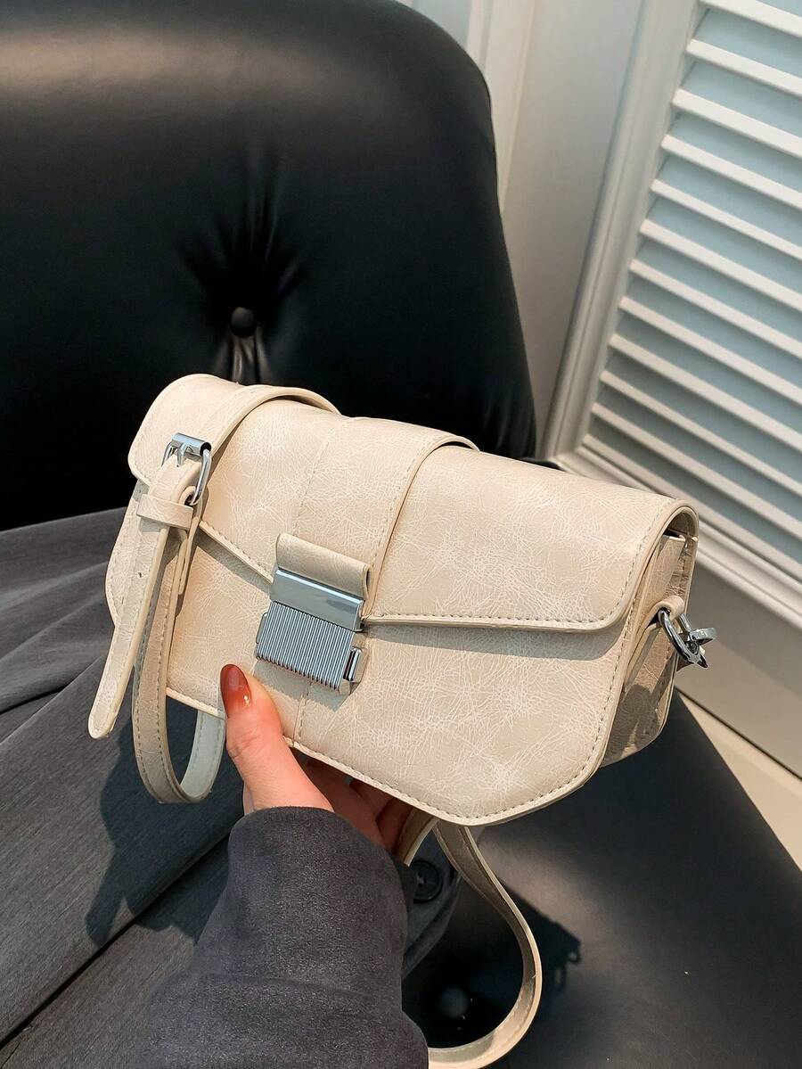 复古 PU 拼接时尚通勤单肩斜挎方形女包，秋冬款 - 米色 - 查看 1