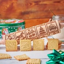 Rodillo De Madera Con Diseño De Trineo Y Reno, 13,7 Pulgadas, Perfecto Para Hacer Galletas Estampadas Con Patrones Impresos, 1 Ud. - Navidad 111 - Ver 5