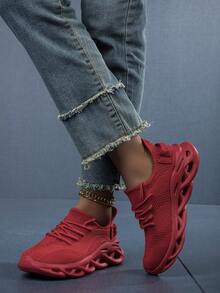 女士輕便透氣多巴胺針織紅色圓頭運動鞋,低筒綁帶設計和厚實鞋底,適用於全季戶外休閒運動 - 紅色 - 查看 5