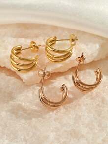 2 件裝法式三層鏤空 C 形耳環適合女士日常佩戴、約會和派對 - 耳環 - 查看 4