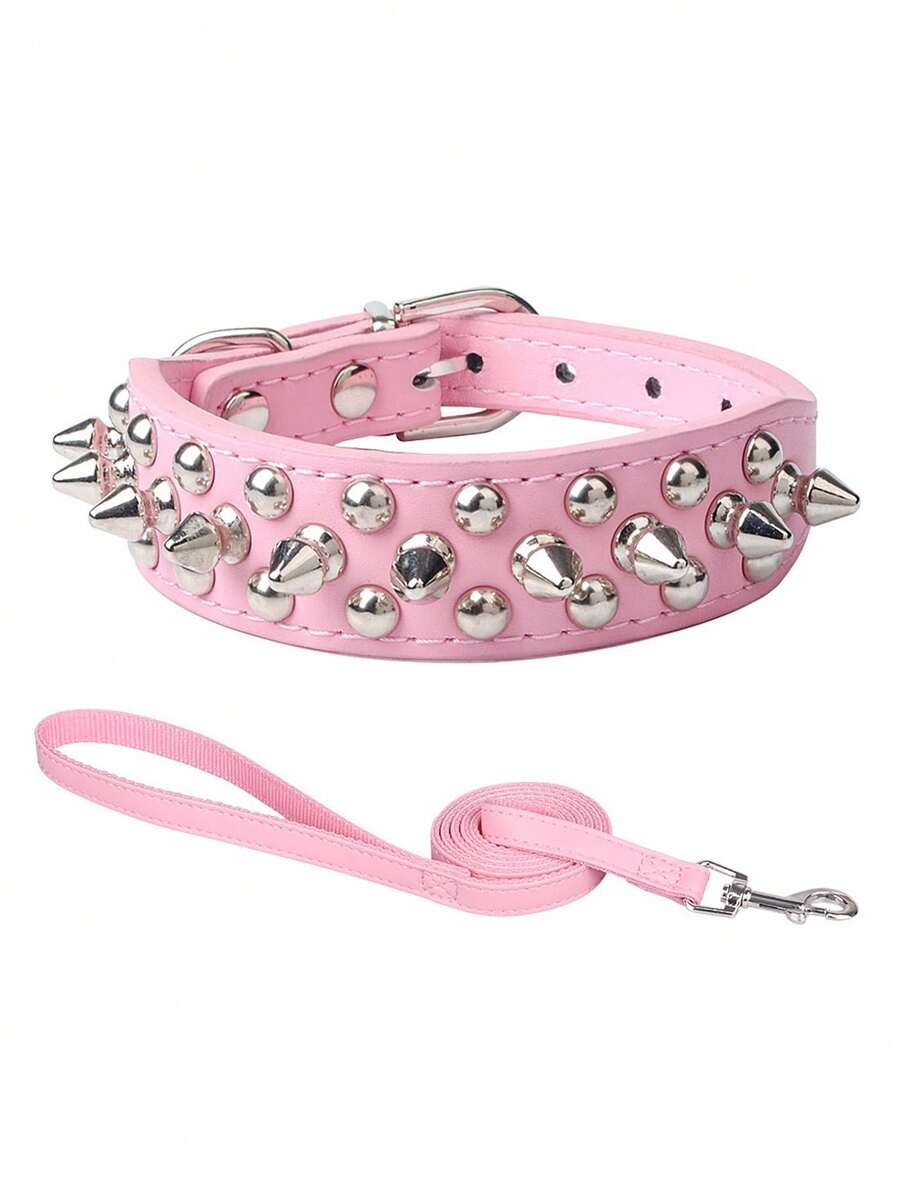 Large Pet Dog Collar With Anti-bite Rivets, Pu Leather Collar For Pitbulls And Bull Terriers - Pink - View 1