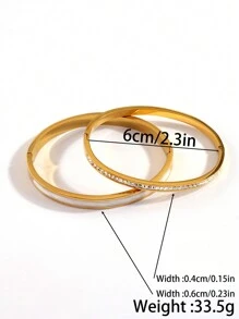 2pcs Fashionable Stainless Steel Oil Drop & Rhinestone Inlaid Bracelet, Perfect For Festivals And Ceremonies, No Fading - Gold - View 5