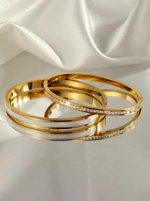 2pcs Fashionable Stainless Steel Oil Drop & Rhinestone Inlaid Bracelet, Perfect For Festivals And Ceremonies, No Fading - Gold - View 8