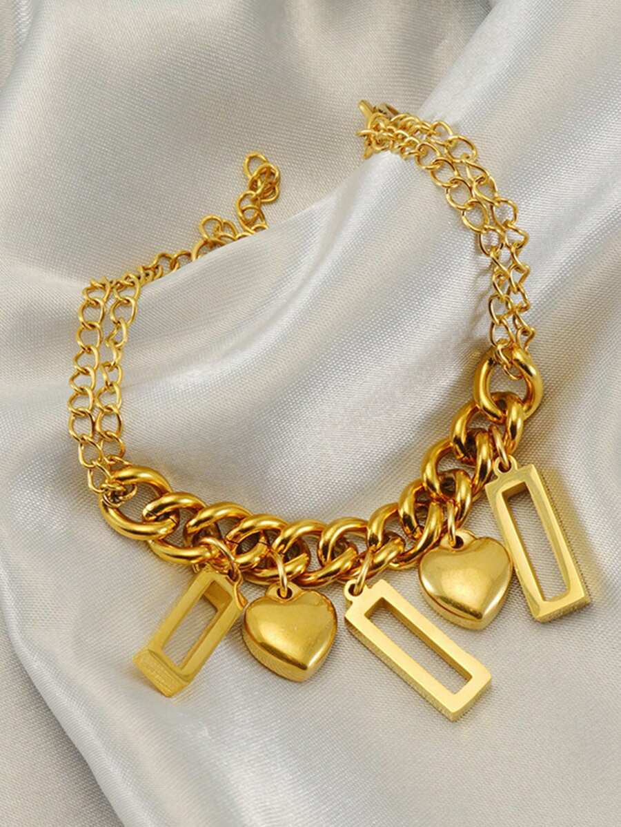 1入不銹鋼女性情侶心形吊墜鍊式手鐲,約會必備 - 金黃色 - 查看 1