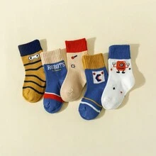 5雙/包兒童交通車圖案運動襪,男女適用 - 黃色 - 查看 1