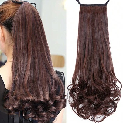 1入組扣在頭上的大波浪中長梨形染髮假馬尾辮(深棕色)