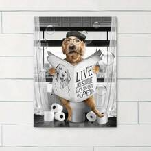 1幅有趣動物海報,黑白狗狗看報紙的帆布畫壁畫,適用於臥室、浴室、廁所牆面裝飾,不含相框 - 1個 - 查看 1