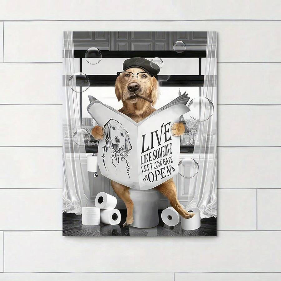 1幅有趣動物海報,黑白狗狗看報紙的帆布畫壁畫,適用於臥室、浴室、廁所牆面裝飾,不含相框 - 1個 - 查看 1