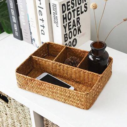 1 pieza Cesta de almacenamiento de paja de mar tejida a mano con estilo, organizador polivalente de escritorio, organizador de cajones, bandeja de baño, almacenamiento y organización de cocina, caja de cosméticos y joyería, almacenamiento portátil, organizador de oficina en casa, bandeja decorativa para el hogar, baño, cocina, cesta de aperitivos, joyero, dormitorio, sala de estar, organizador de maquillaje y artículos varios, para volver al colegio