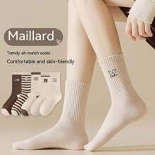 5對女士單色中筒襪,時尚ins風格,時尚條紋和字母設計,適合所有季節,韓國運動襪