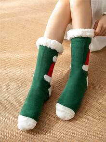 1雙女式聖誕帽提花地板袜,毛絨珊瑚絨保暖家居睡眠袜,地毯袜,中筒長度 - 彩色 - 查看 6