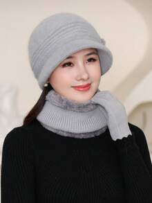 一套【帽子+圍巾】女士帽子圍脖套裝,秋冬加厚基礎針織貝雷帽,女士針織棒球帽,秋冬保暖兩件套裝,y2k貝雷帽套裝 - 淺灰色 - 查看 2