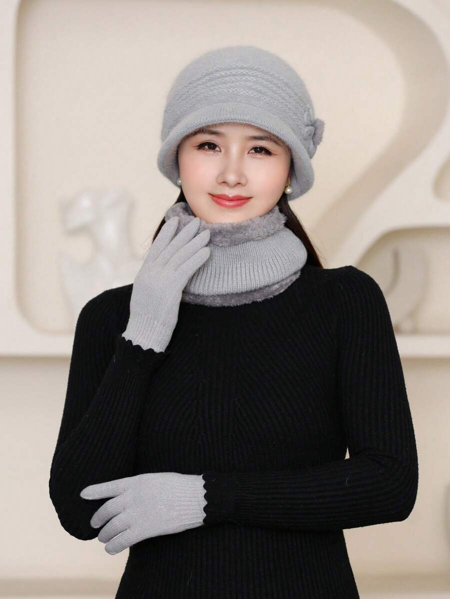 一套【帽子+圍巾】女士帽子圍脖套裝,秋冬加厚基礎針織貝雷帽,女士針織棒球帽,秋冬保暖兩件套裝,y2k貝雷帽套裝 - 淺灰色 - 查看 1