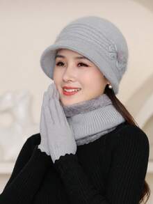 一套【帽子+圍巾】女士帽子圍脖套裝,秋冬加厚基礎針織貝雷帽,女士針織棒球帽,秋冬保暖兩件套裝,y2k貝雷帽套裝 - 淺灰色 - 查看 4